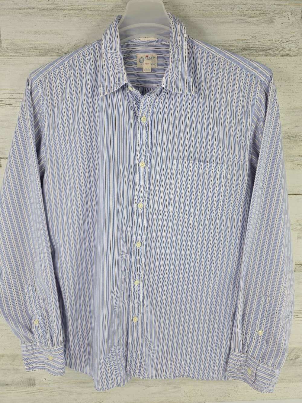 J.Crew Mens SIZE Large 16-16.5 Button Down Shirt Blue White Striped 2-Ply Cotton